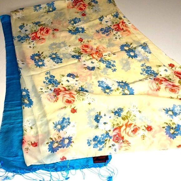 Set of 2 Wraps: Floral Scarf, Pashmina Style Shawl, Turquoise Blue - Picture 3 of 11